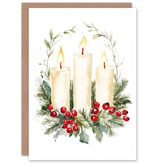 Pillar Candles Holly Wreath Festive Christmas Card