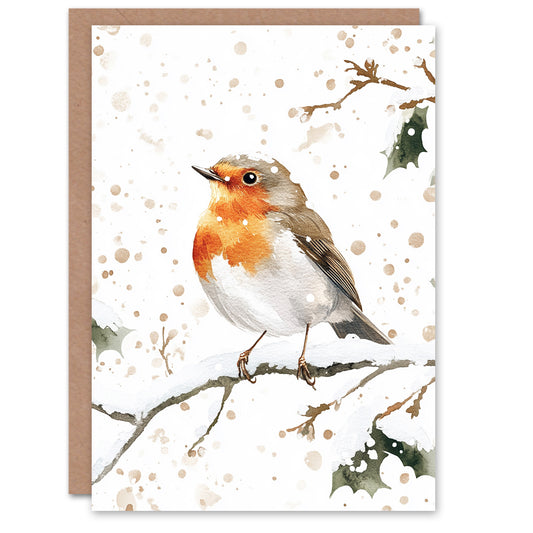 Robin Bird Perched Snow Covered Branch Festive Xmas Christmas Card