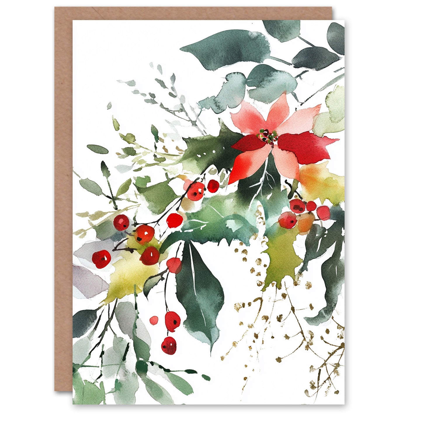 Holly Tree Poinsettia Festive Flower Christmas Card