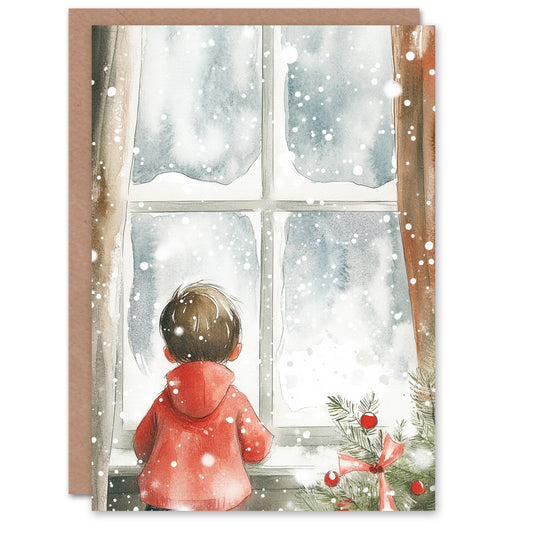 Little Boy Falling Snow Window Christmas Card