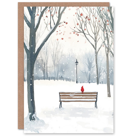 Park Winter Snow Scene Cardinal Bird Christmas Card