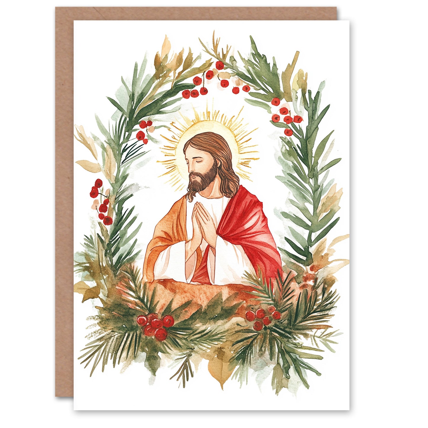 Jesus Christ Pine Leaf Holly Wreath Christmas Card