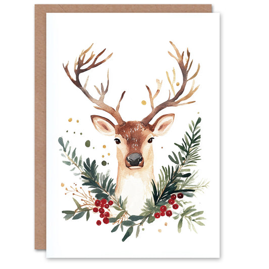 Reindeer Head Holly Pine Tree Fun Festive Xmas Christmas Card