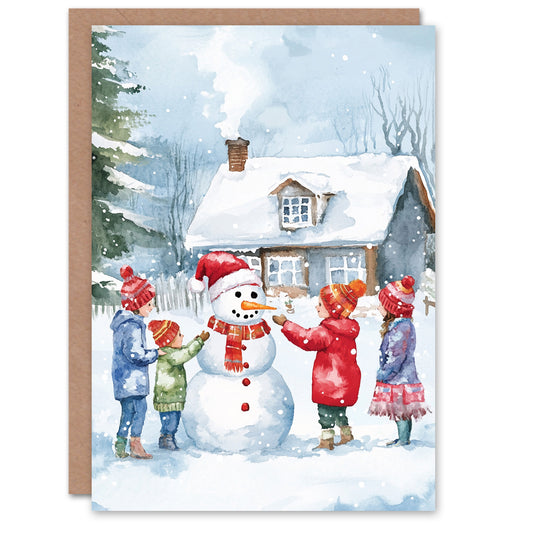 Kids Build Snowman Cottage Garden Fun Christmas Card