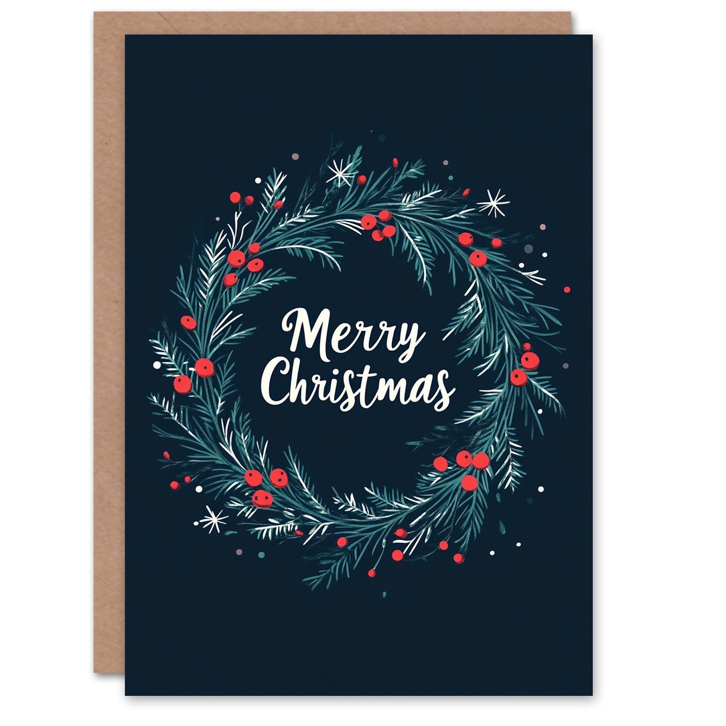 Holly Pine Tree Wreath Blue Festive Xmas Christmas Card