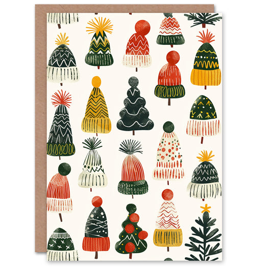 Knit Winter Hats and Trees Bright Fun Christmas Card