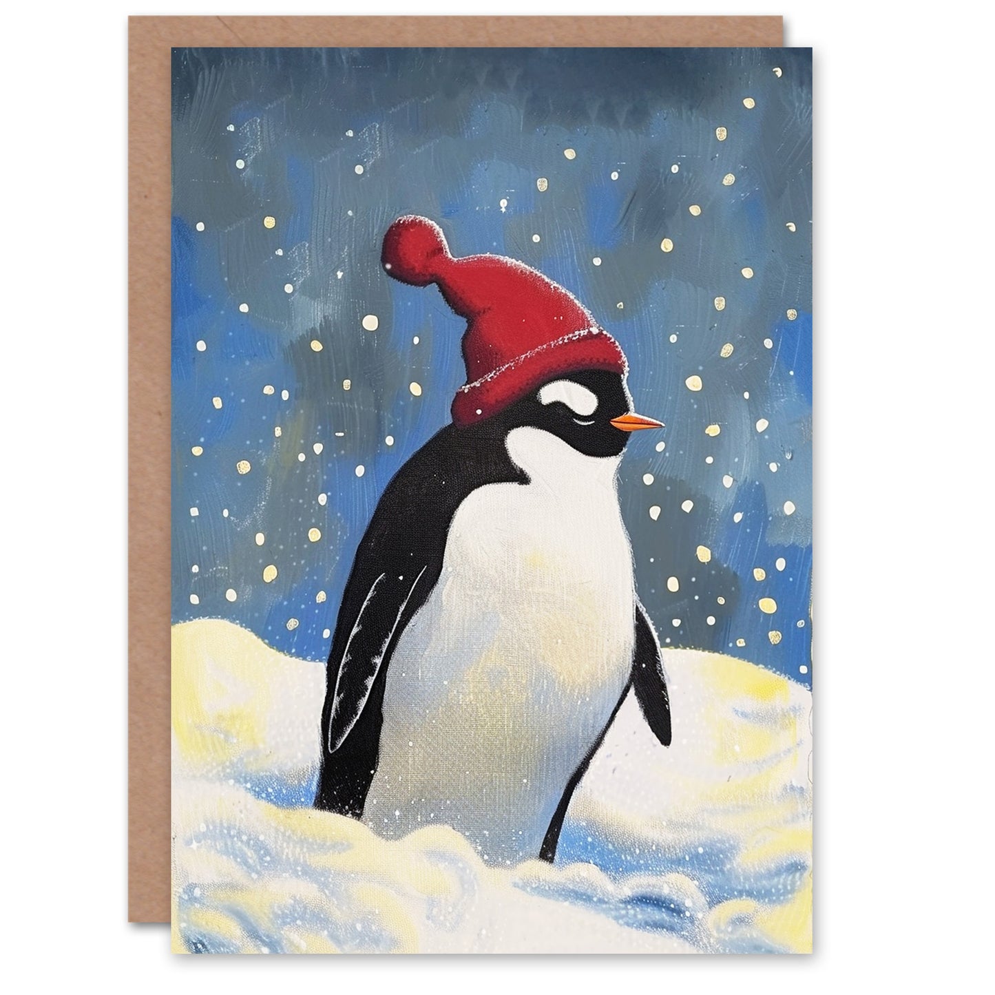 Cute Penguin Winter Hat Snow Painting Christmas Card