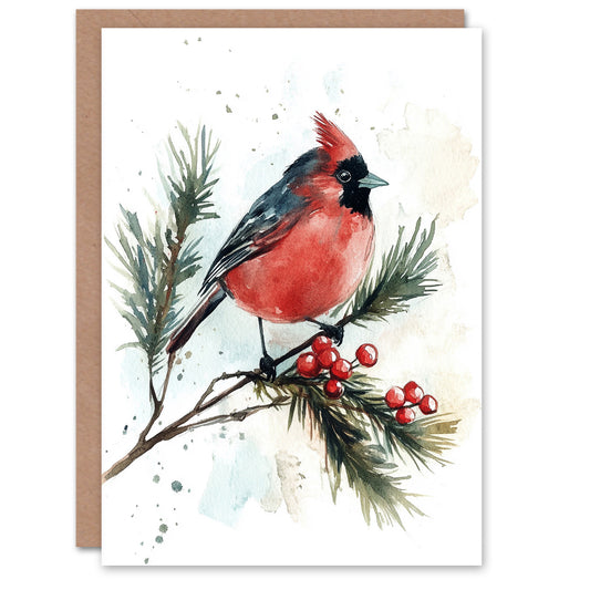 Cardinal Bird Pine Tree Holly Berry Christmas Card