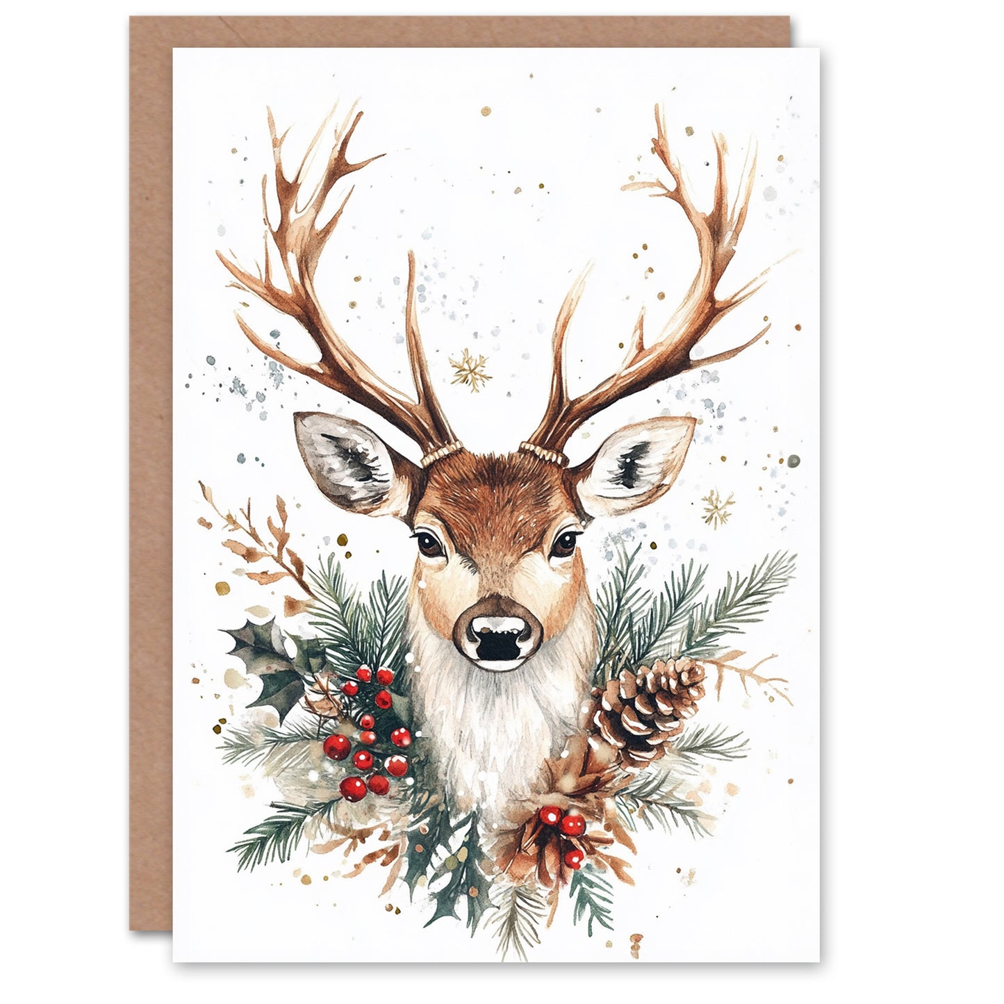 Reindeer Head and Pine Cone Holly Xmas Christmas Card