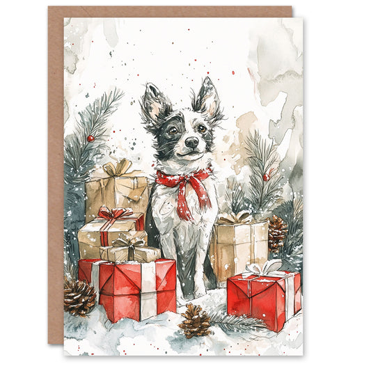 Puppy Present Dog Lover Watercolour Christmas Card