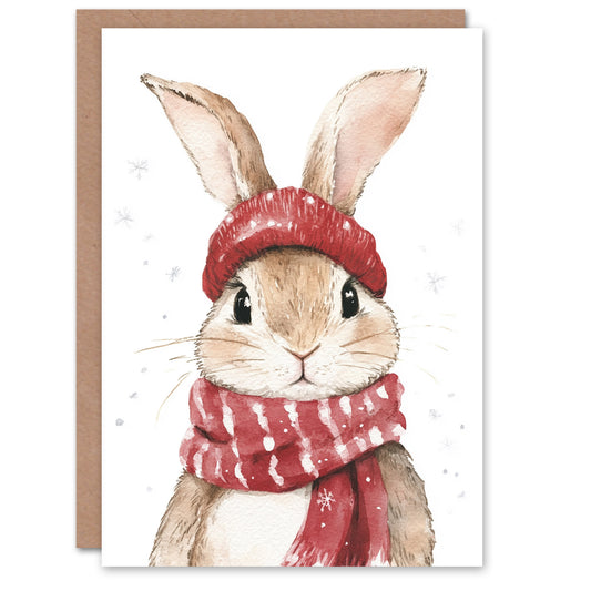 Cute Bunny Rabbit Red Winter Hat Scarf Fun Festive Christmas Card