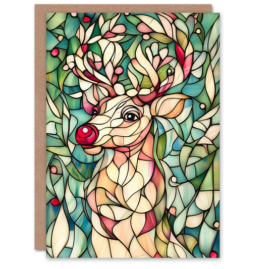 Rudolph Red Nose Reindeer Stained Glass Festive Xmas Christmas Card
