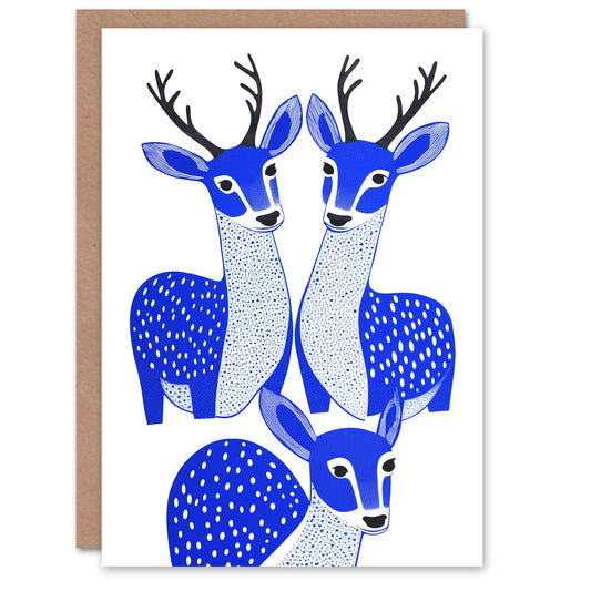 Reindeer Family Bright Blue Modern Folk Art Xmas Christmas Card