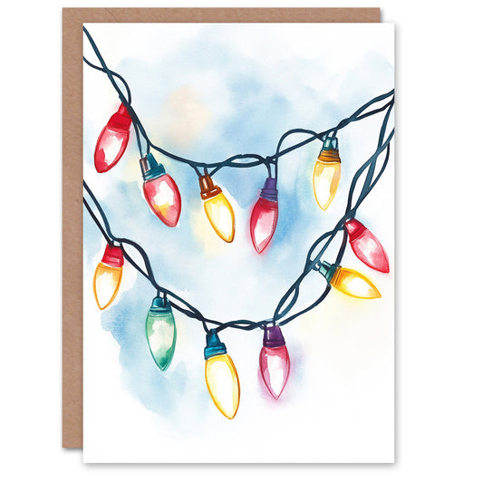 Colourful Fairy String Lights Soft Watercolour Xmas Christmas Card