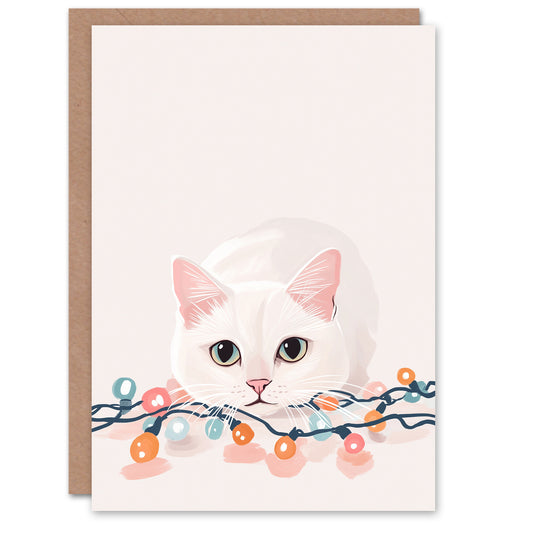 Playful Kitten with Fairy String Lights Cat Lover Christmas Card