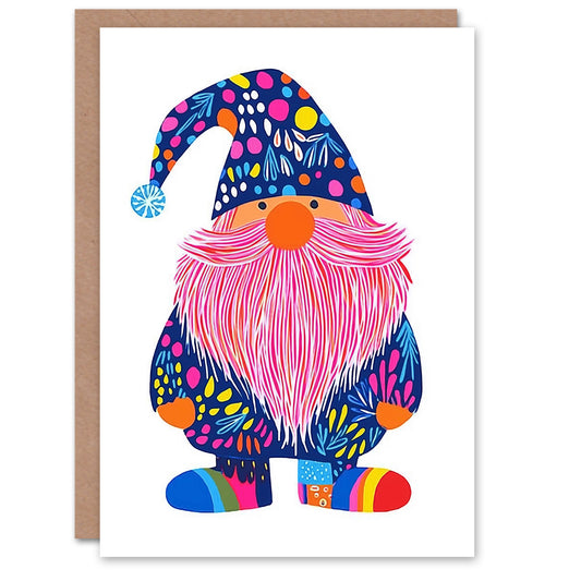 Pink Beard Garden Gnome Fun Colourful Vibrant Christmas Card