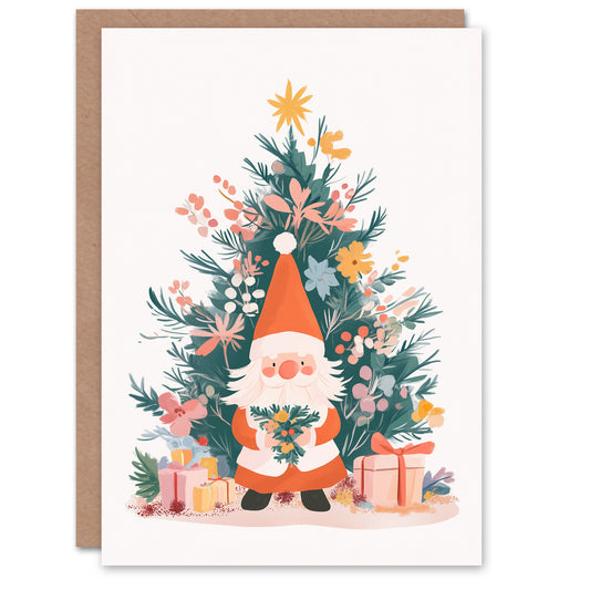 Santa Gnome Gonk Presents And Tree With Flowers Christmas Card