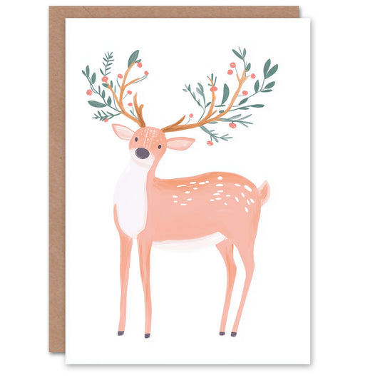Cute Deer with Decorated Antlers Watercolour Christmas Card