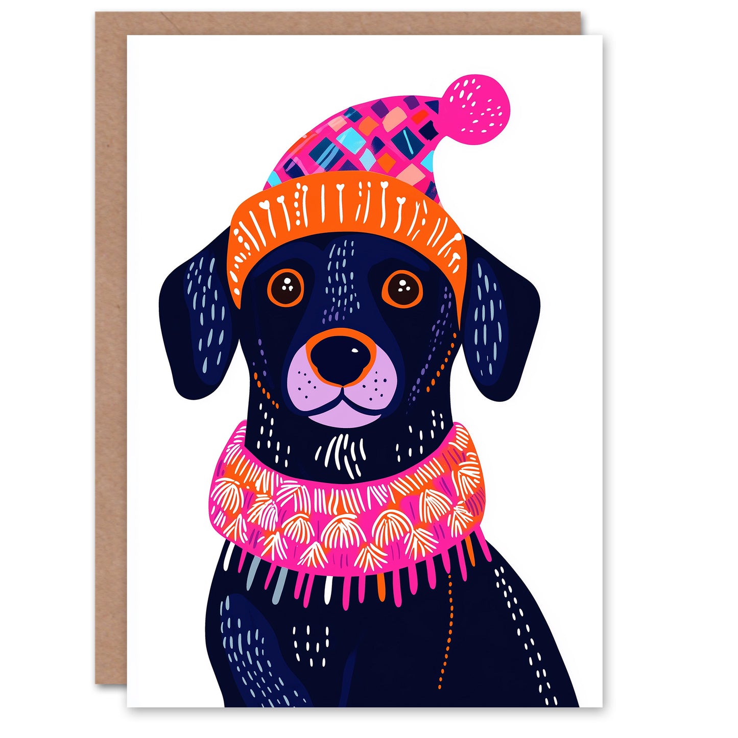 Dog Lover Pet Vibrant Winter Hat Scarf Folk Art Christmas Card