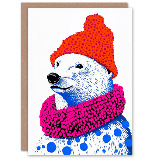 Polar Bear Vibrant Winter Hat Scarf Bold Modern Christmas Card