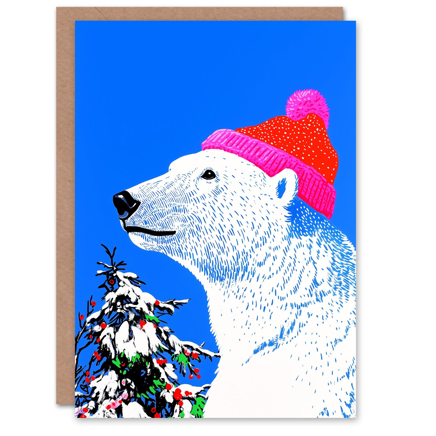 Winter Hat Polar Bear Snow Laden Decorated Tree Christmas Card
