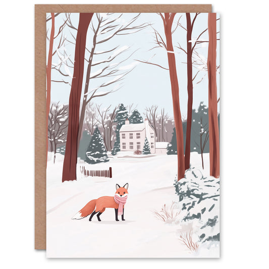 Red Fox Estate House Winter Landscape Watercolour Christmas Card