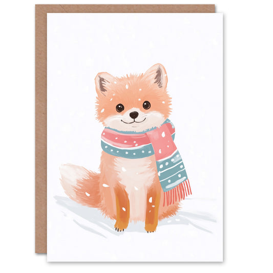 Cute Baby Fox With Pink Blue Winter Scarf in Snow Christmas Card
