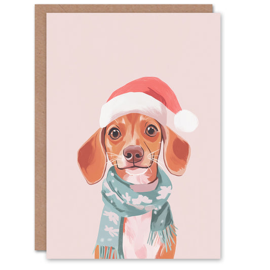 Cute Dachshund Santa Hat Pastel Pink Dog Lover Christmas Card