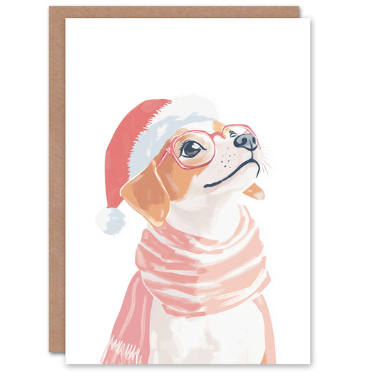 Cute Dachshund Santa Hat Pink Glasses Dog Lover Christmas Card