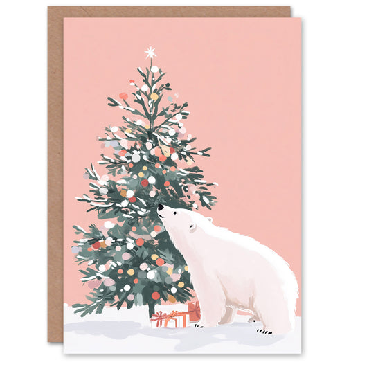 Polar Bear Decorates Tree Presents Winter Snow Christmas Card