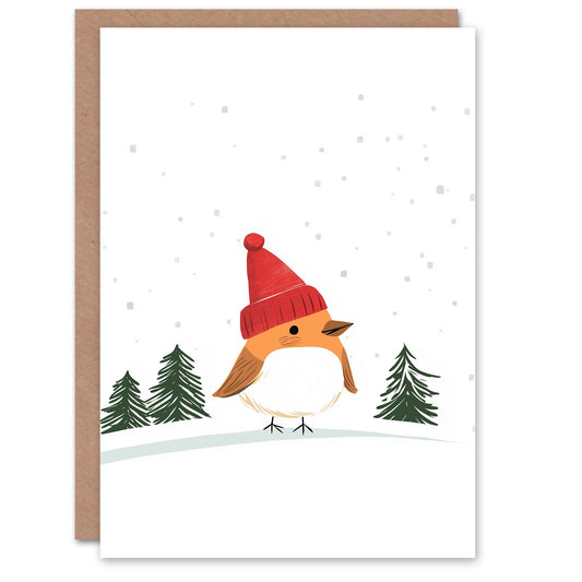 Robin Bird Wearing Winter Hat Snowy Landscape Xmas Christmas Card