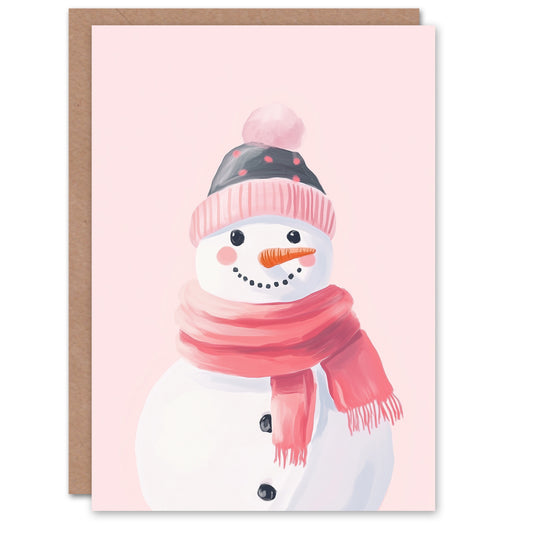 Cute Cosy Snowman Pastel Pink Watercolour Festive Christmas Card