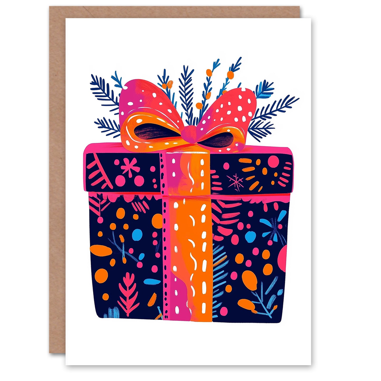 Wrapped Present Vibrant Abstract Floral Pattern Christmas Card