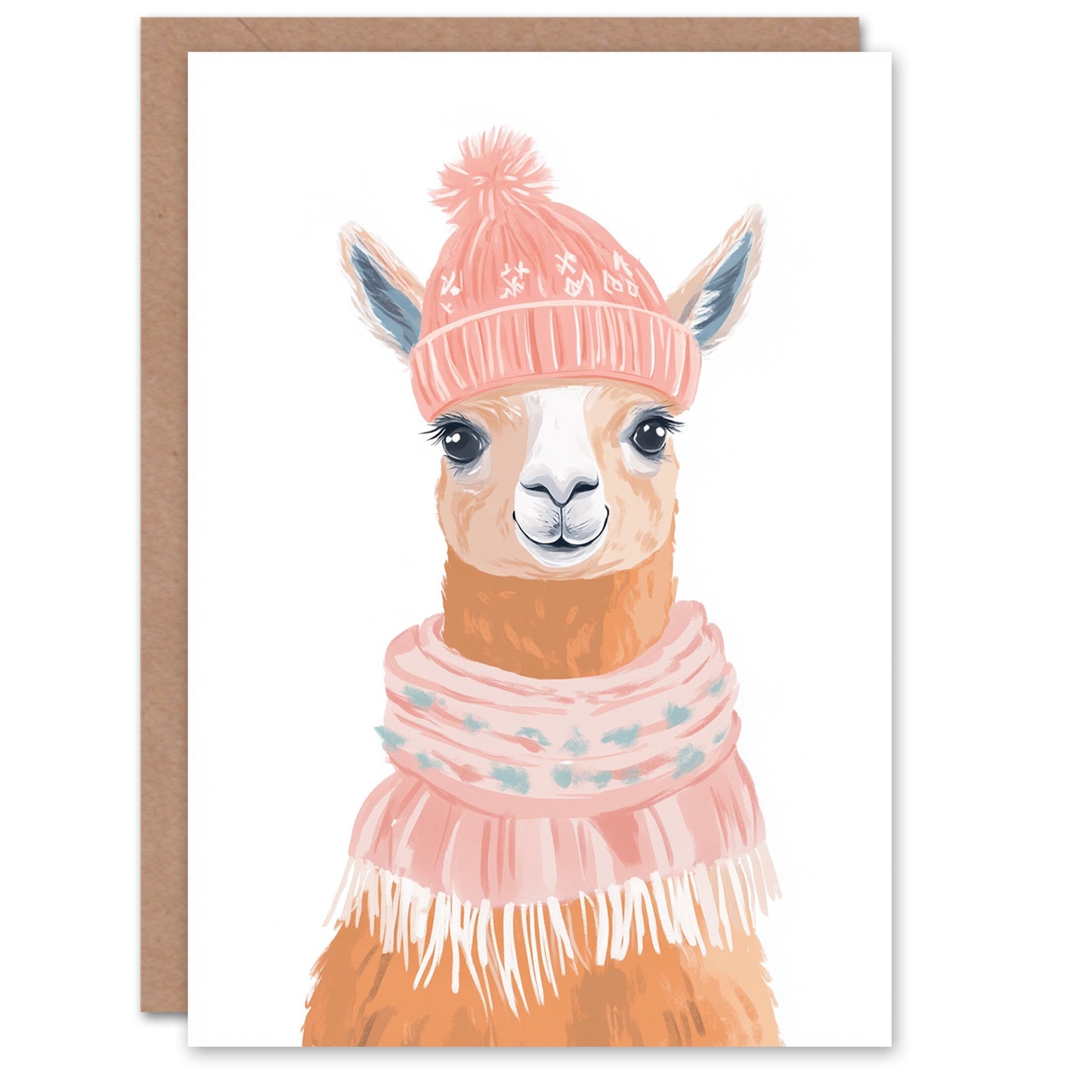 Cute Llama With Pink Winter Hat And Scarf Festive Christmas Card