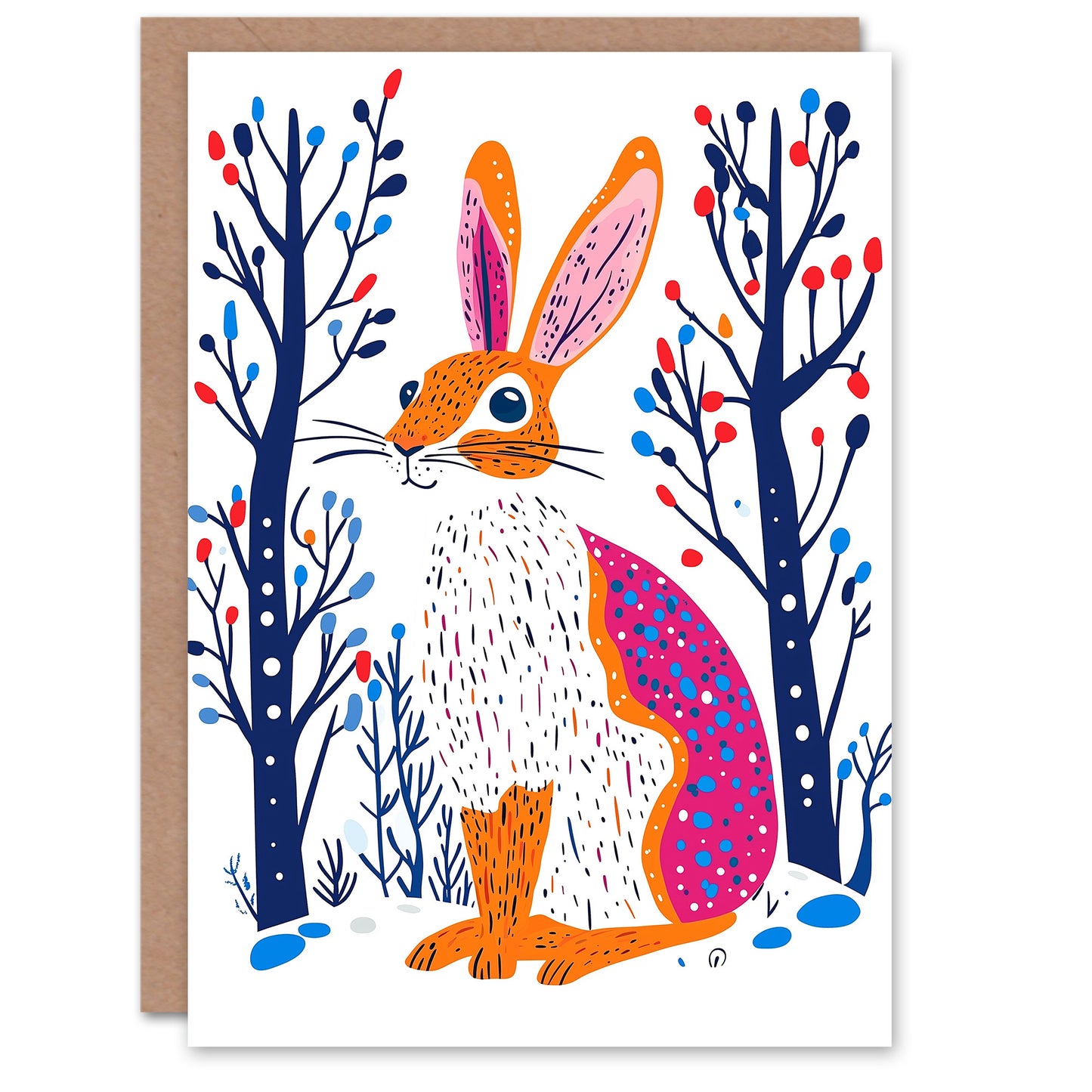 Hare Rabbit in Winter Landscape Modern Folk Art Christmas Card