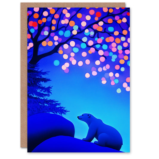 Polar Bear Colourful Fairy Lights Tree at Night Christmas Card