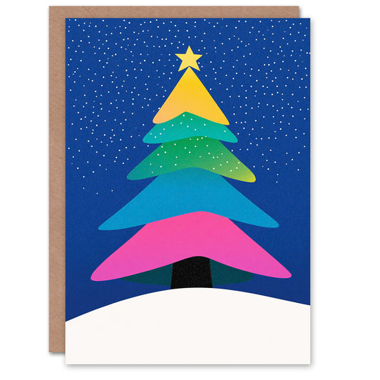 Rainbow Colour Tree Winter Falling Snow Modern Xmas Christmas Card