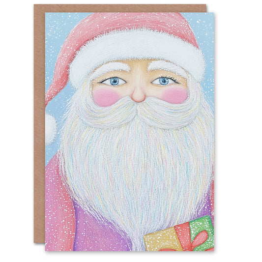 Santa Claus with Present Soft Pastel Colour Xmas Christmas Card