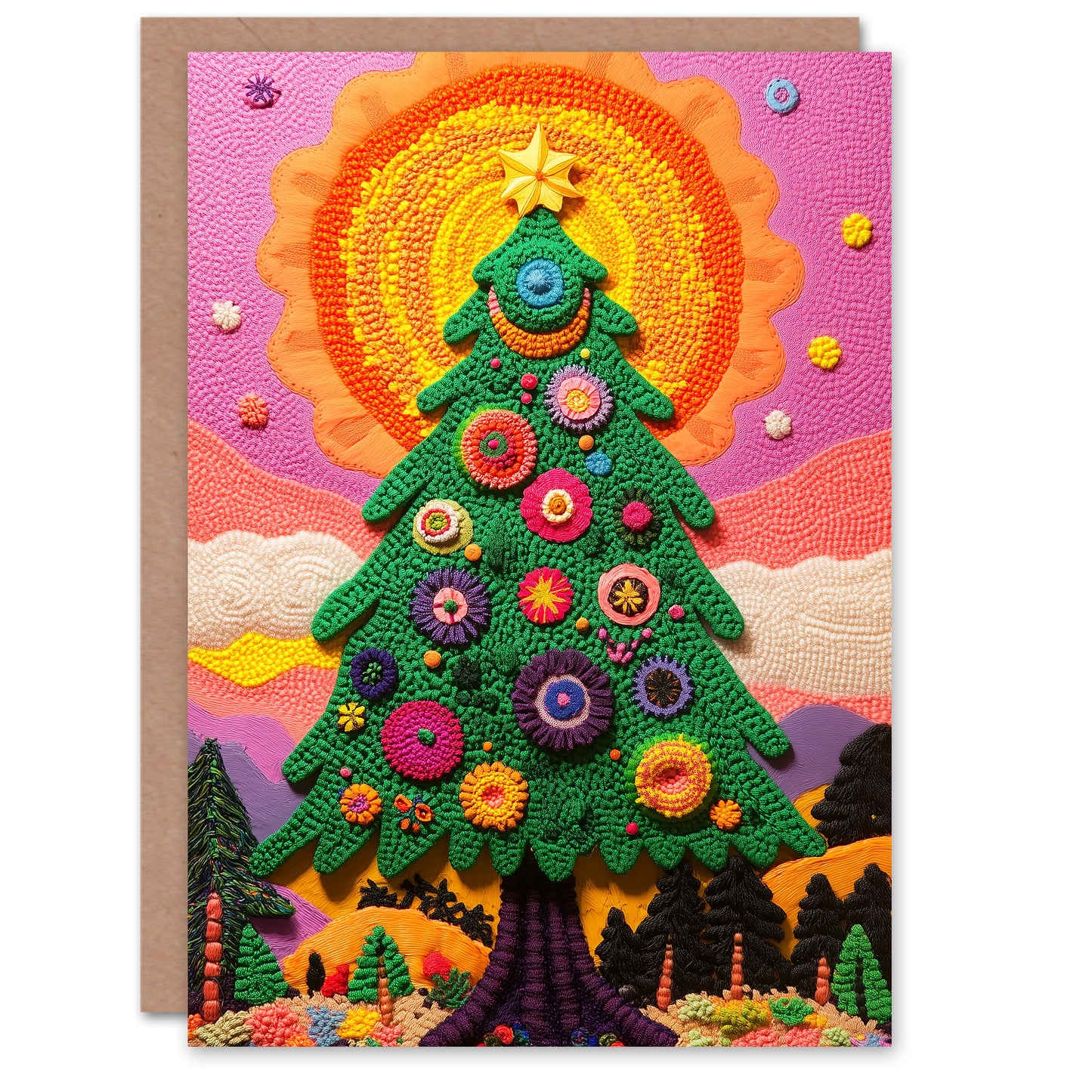 Colourful Forest Sunrise Festive Decorated Tree Xmas Christmas Card