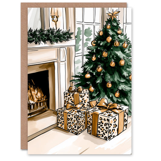 Leopard Print Wrapped Presents Fireplace Tree Christmas Card