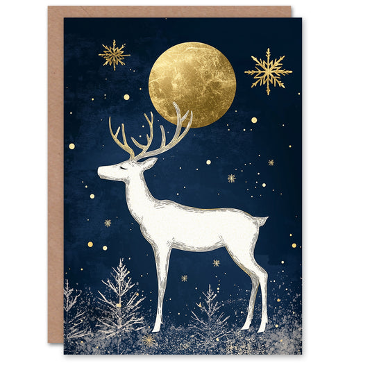Reindeer Winter Forest Full Moon Gold Elegant Xmas Christmas Card