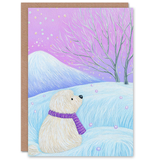 Poodle Dog Lover Pastel Winter Landscape Snow Christmas Card