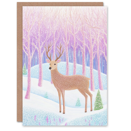 Reindeer in Pastel Colour Magical Winter Forest Christmas Card