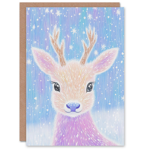 Cute Baby Reindeer In Snow Pastel Colour Xmas Christmas Card