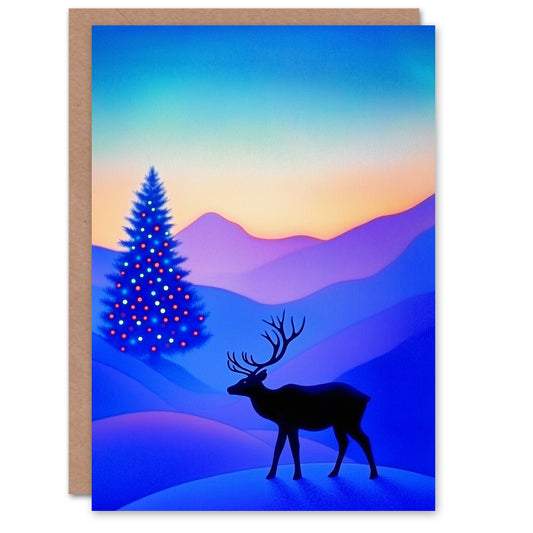 Reindeer Decorated Tree Winter Wonderland Sunrise Christmas Card
