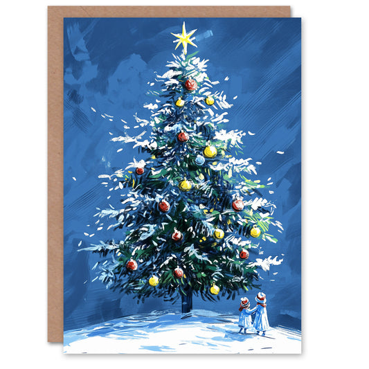 Children Under Large Snow Laden Decorated Tree Christmas Card