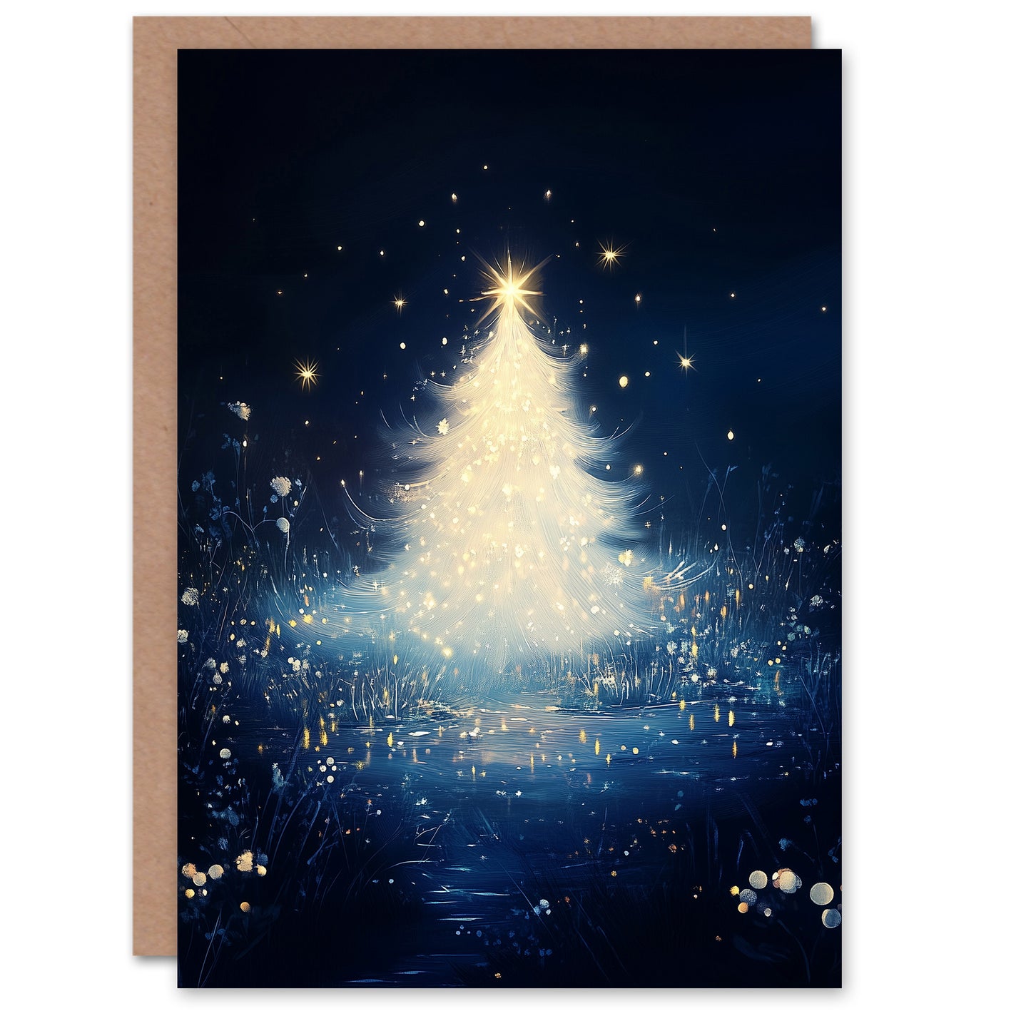 Bright White Tree Magical Forest Lake Night Christmas Card