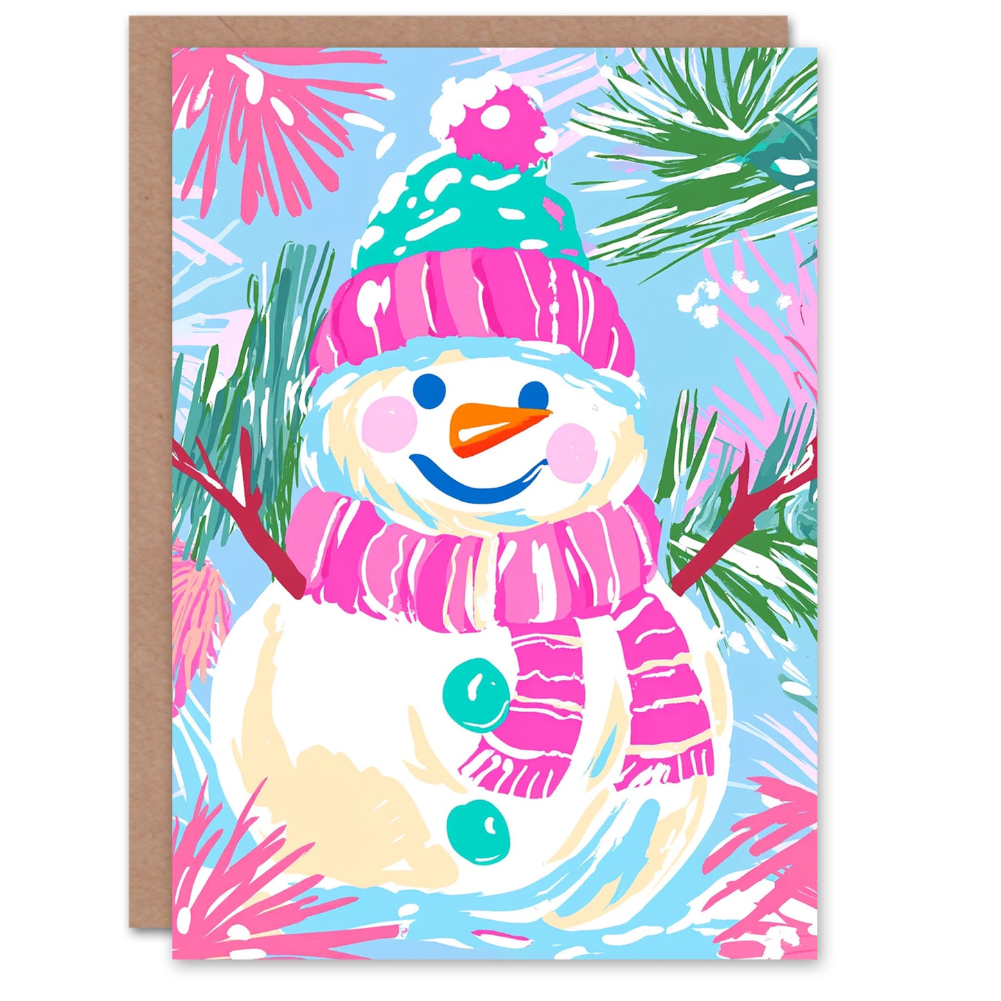 Happy Snowman Bright Pink Green Blue Modern Christmas Card