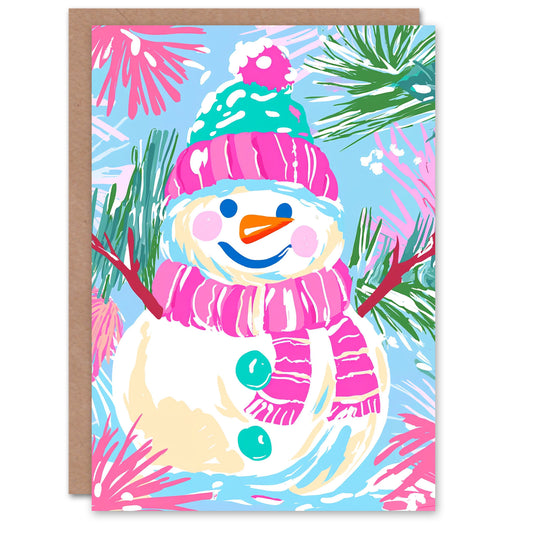 Happy Snowman Bright Pink Green Blue Modern Christmas Card