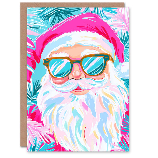 Santa Claus Sunglasses Vibrant Pink Blue Portrait Xmas Christmas Card